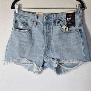 Levi's 501 high rise light wash denim jean shorts hidden button fly distressed